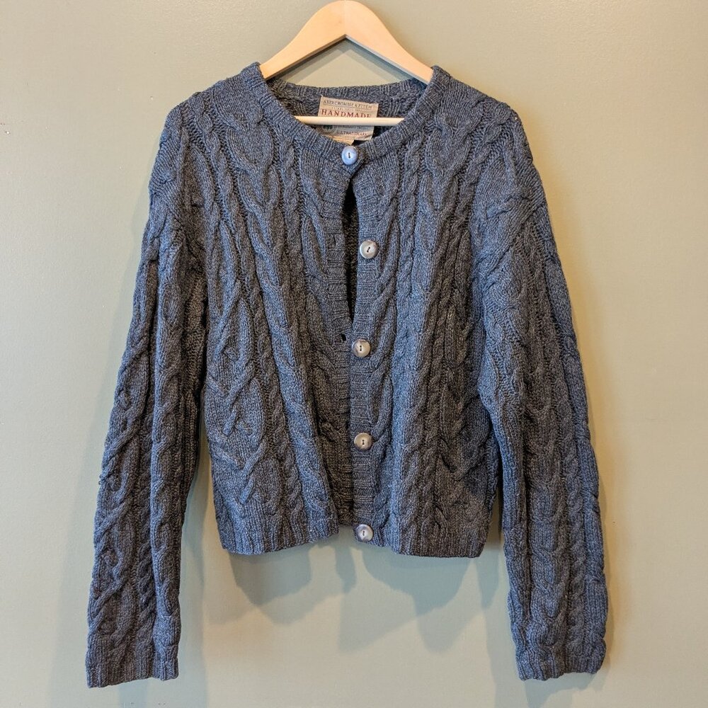Vtg Abercrombie & Fitch Handmade 100% Wool Cable-Knit Chunky Cardigan Med Gray